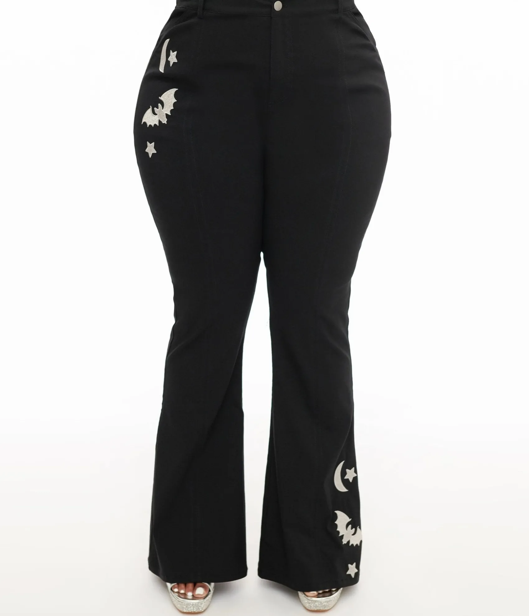 Unique Vintage Plus Size 1970s Black & Silver Bats Flare Pants