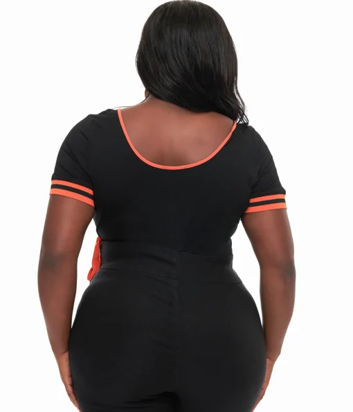 Unique Vintage Plus Size 1970s Black & Orange Pumpkin Surplice Bodysuit