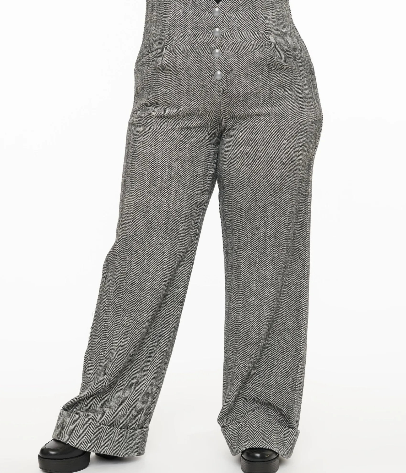 Unique Vintage Plus Size 1940s Grey Herringbone Buttoned Wide Leg Trousers