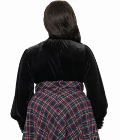 Unique Vintage Plus Size 1940s Black Velvet Long Sleeve Bow Blouse