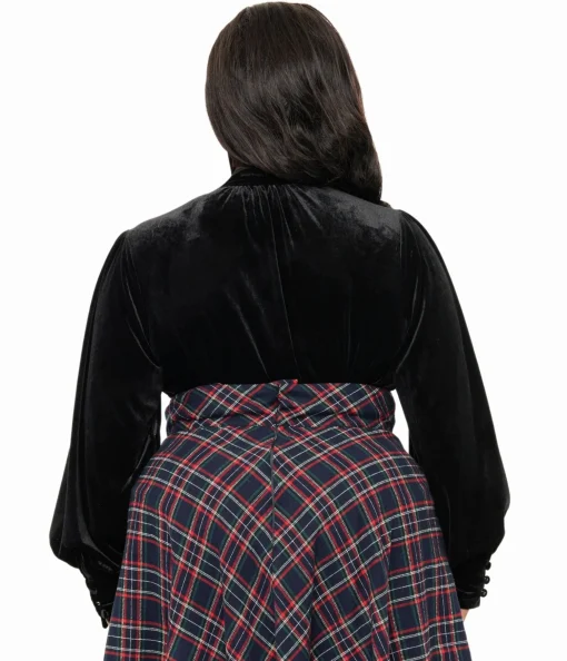 Unique Vintage Plus Size 1940s Black Velvet Long Sleeve Bow Blouse