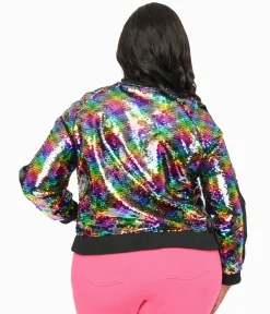 Unique Vintage Plus Size Rainbow Sequin Satin Bomber Jacket