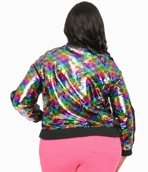 Unique Vintage Plus Size Rainbow Sequin Satin Bomber Jacket