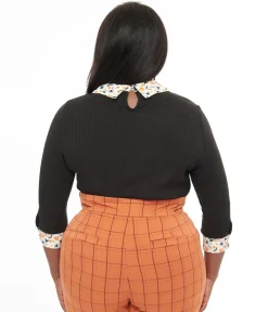 Unique Vintage Plus Size Black & White Halloween Print Contrast Sabrina Sweater