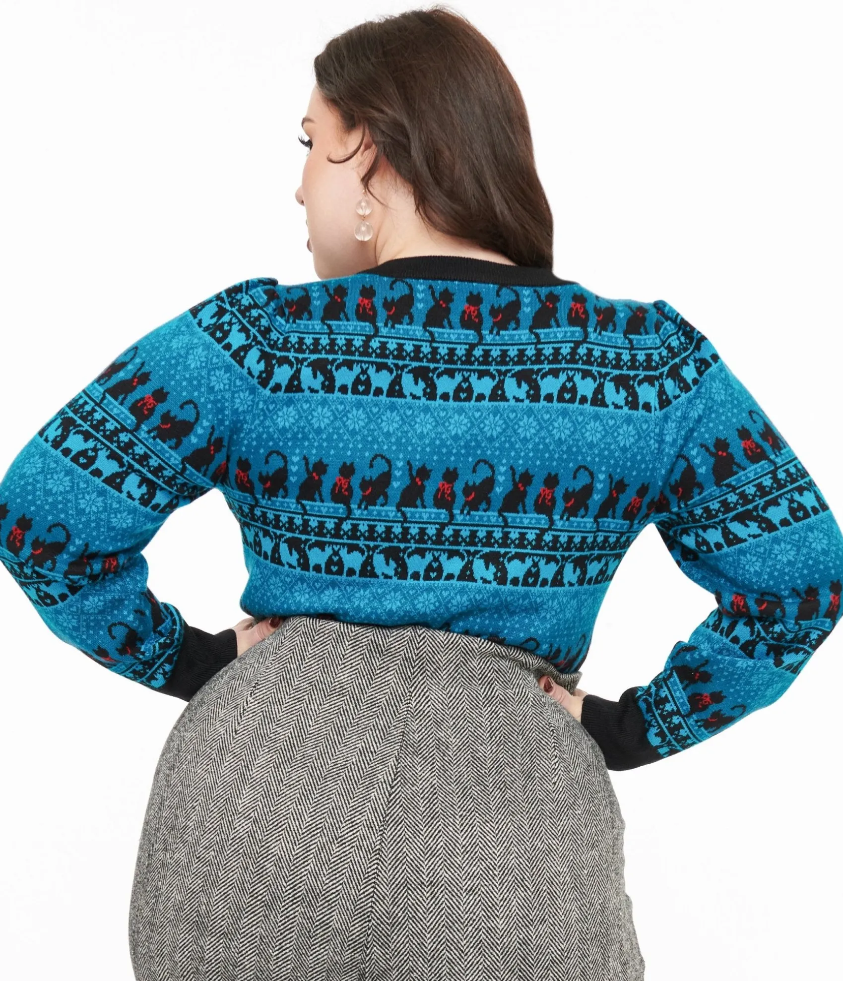 Unique Vintage Plus Size 1950s Teal Snowflakes & Cats Sweater