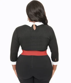 Unique Vintage Plus Size Black & White Candy Cane Print Contrast Sabrina Sweater