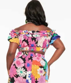 Unique Vintage Plus Size 1970s Black & Pink Floral Off Ruffle Up Crop Top