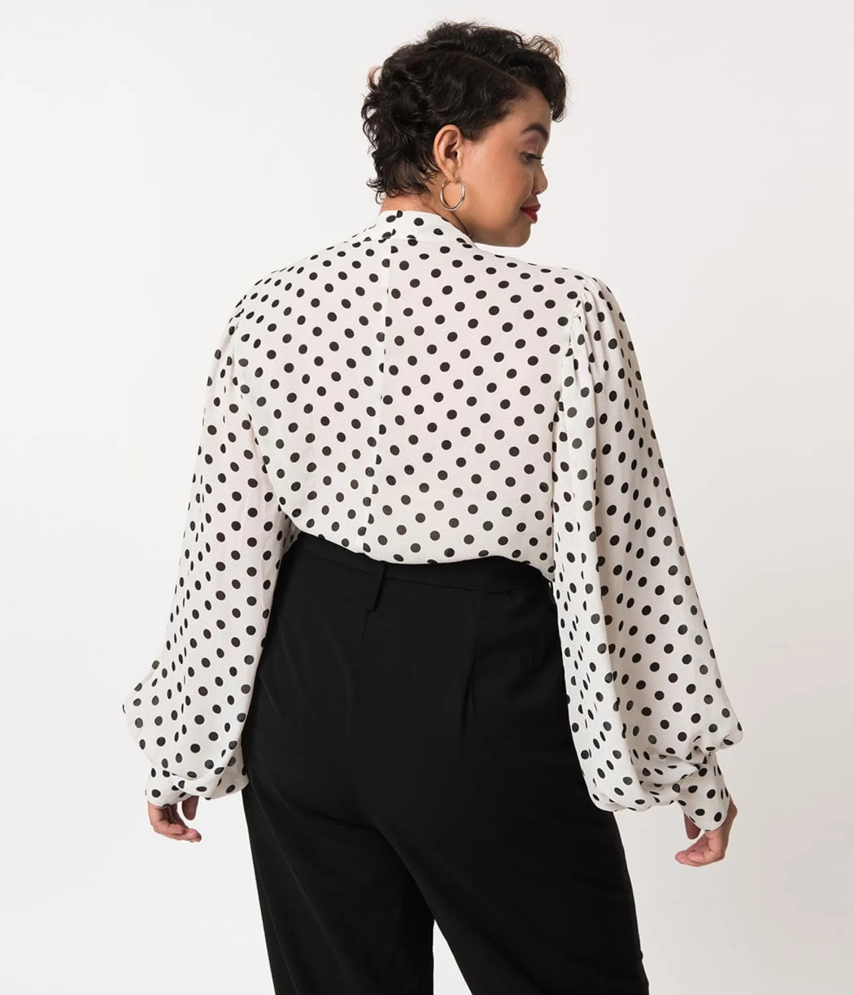 Unique Vintage Plus Size White & Black Polka Dot Neck Tie Gwen Blouse