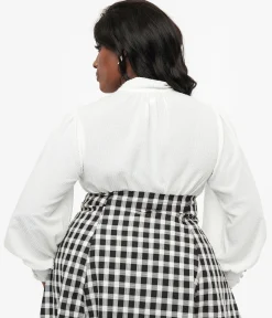 Unique Vintage Plus Size 1940s White Clip Dot Long Sleeve Bow Blouse