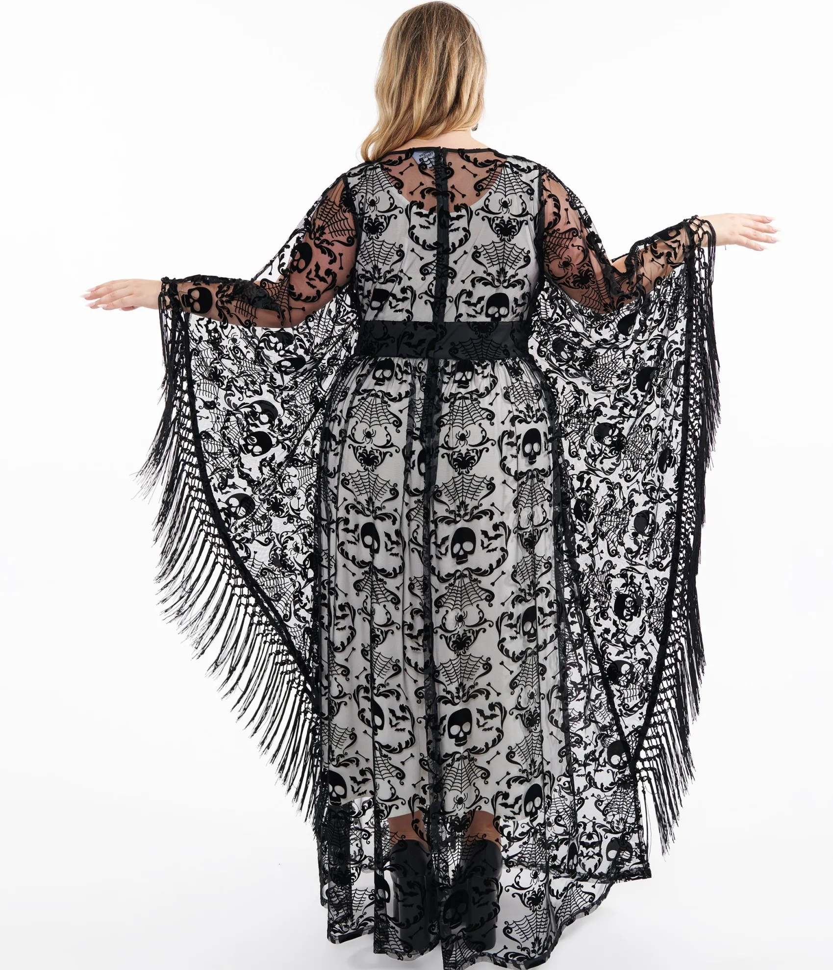 Unique Vintage Plus Size 1960s Black Baroque Skull Burnout Fringe Flutter Sleeve Caftan