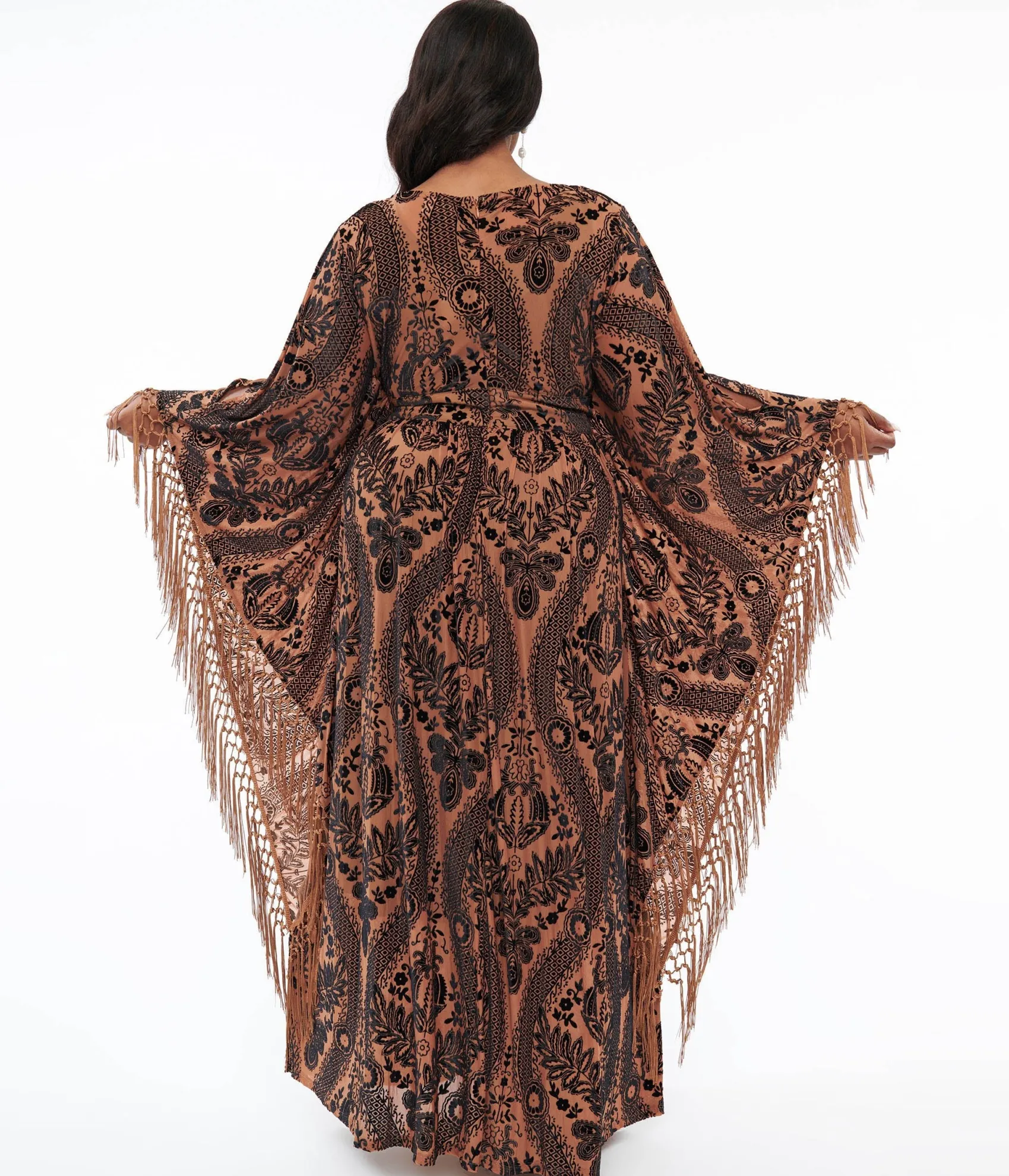 Unique Vintage Plus Size 1960s Black & Nude Floral Fringe Flutter Sleeve Caftan