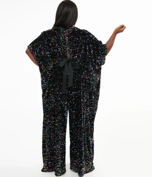 Unique Vintage Plus Size 1970s Black Iridescent Sequin Caftan Jumpsuit