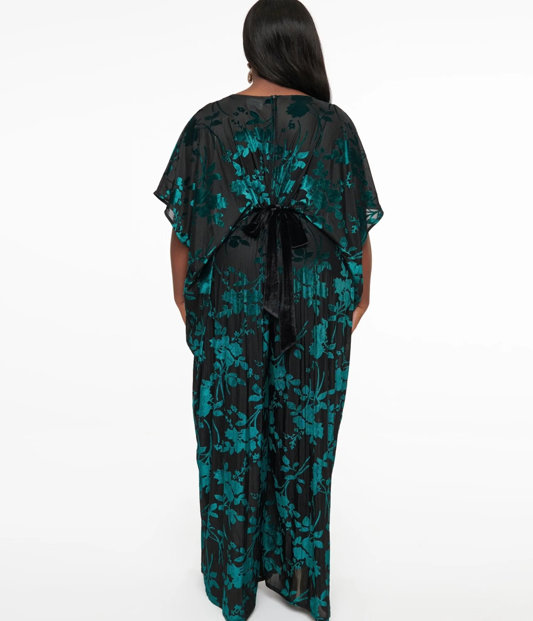 Unique Vintage Plus Size 1970s Black & Teal Velvet Floral Burnout Caftan Jumpsuit