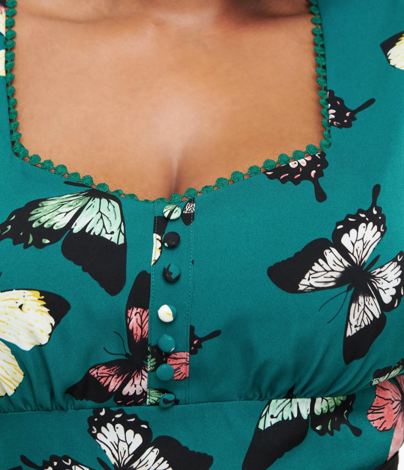 Unique Vintage Plus Size 1940s Green Butterfly Print Midi Dress