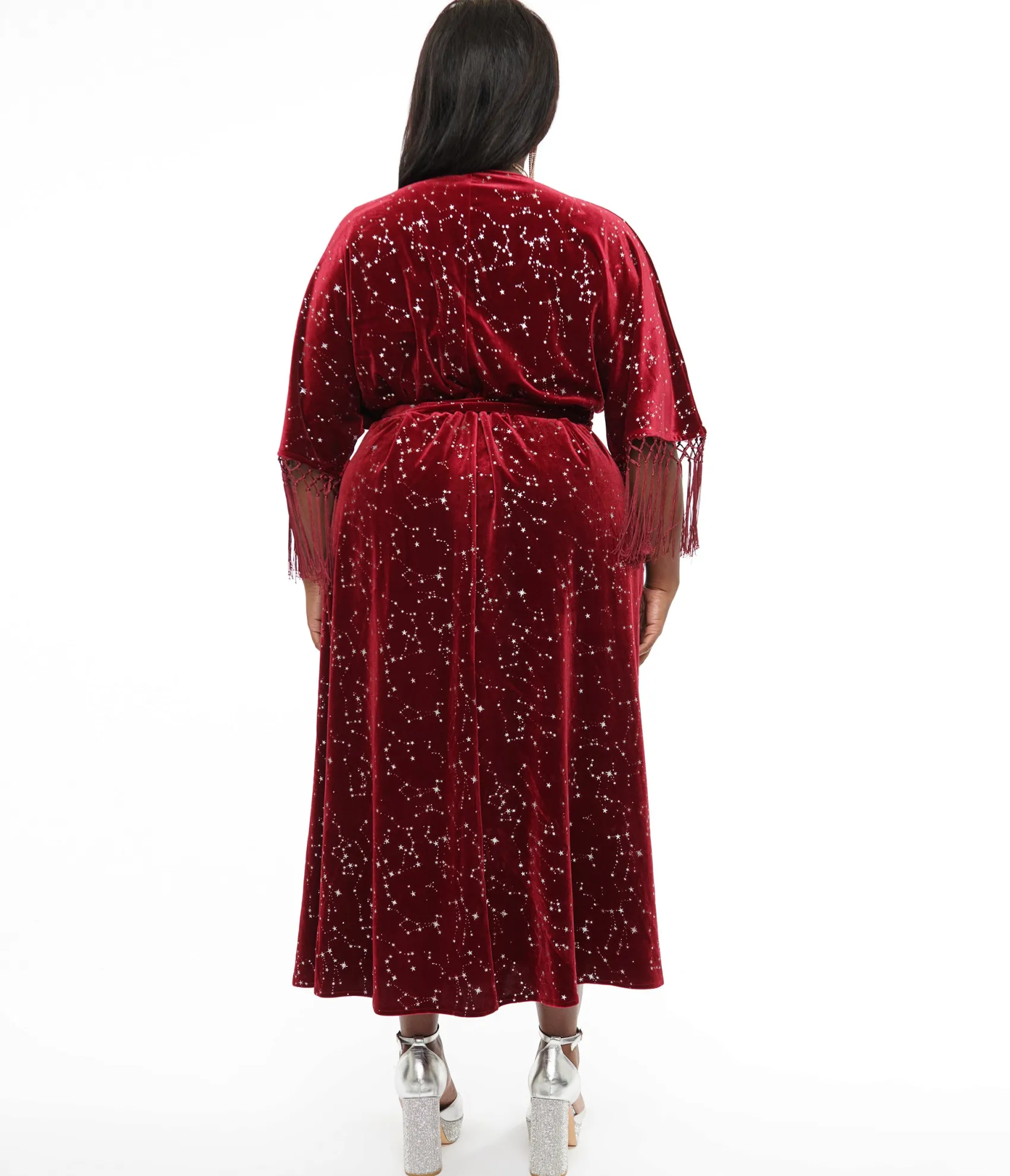 Unique Vintage Plus Size 1970s Burgundy Velvet Silver Star Wrap Midi Dress