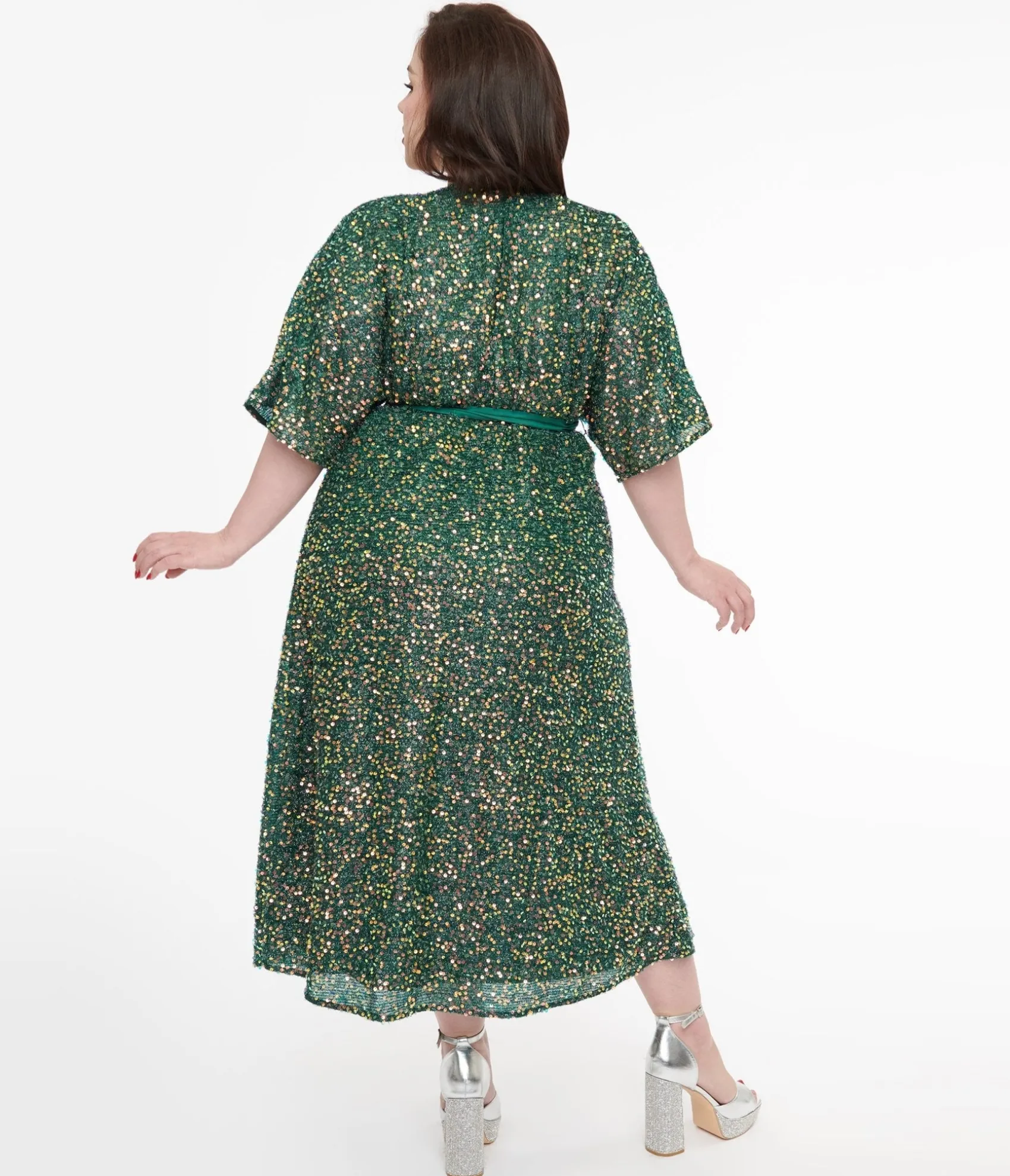 Unique Vintage Plus Size 1960s Green Sequin Wrap Midi Dress