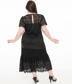 Unique Vintage Plus Size 1920s Black Floral Lace & Bow Flapper Dress