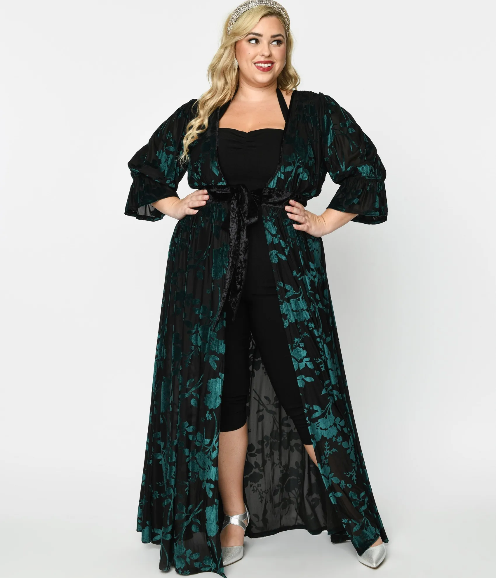 Unique Vintage Plus Size Black & Teal Floral Velvet Burnout Duster