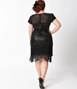 Unique Vintage Plus Size 1920s Black Sequin Fringe Del Mar Flapper Dress