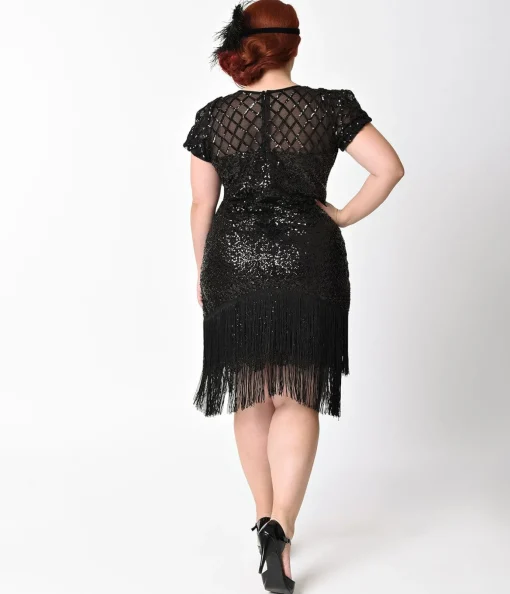 Unique Vintage Plus Size 1920s Black Sequin Fringe Del Mar Flapper Dress