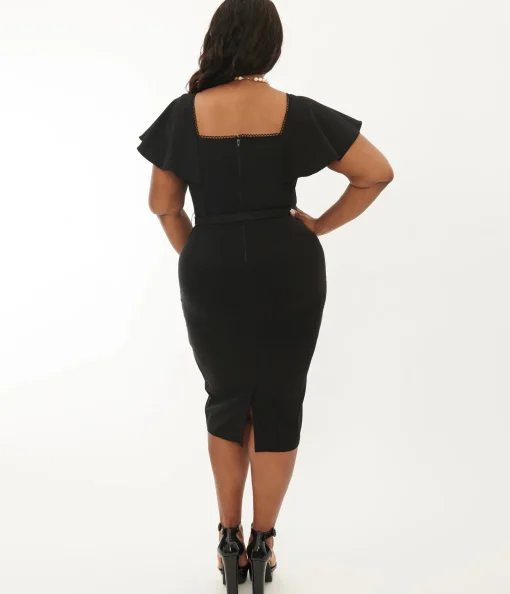 Unique Vintage Plus Size 1940s Black Flutter Sleeve Sweetheart Wiggle Dress