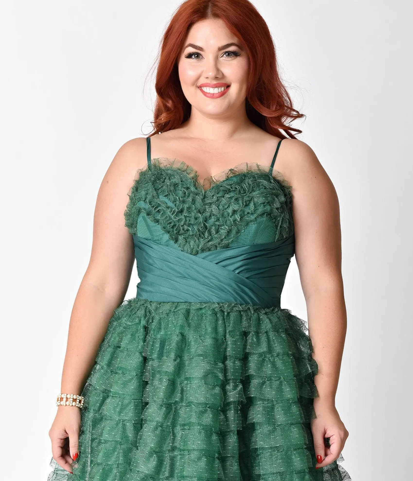 Unique Vintage Plus Size 1950s Emerald Green Ruffled Tulle Sweetheart Cupcake Swing Dress