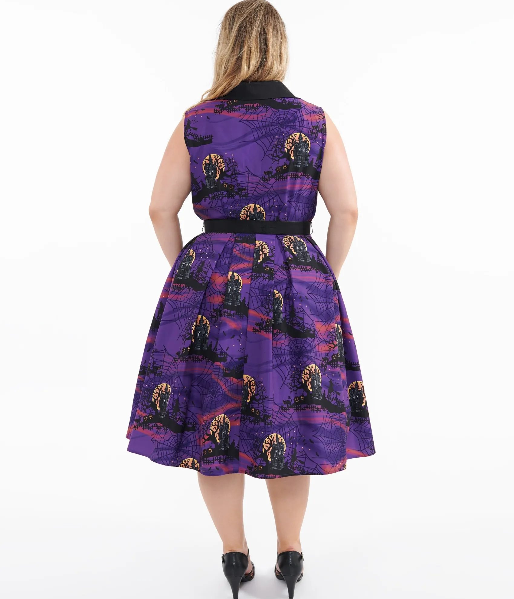 Unique Vintage Plus Size 1950s Purple Halloween Print Edith Swing Dress