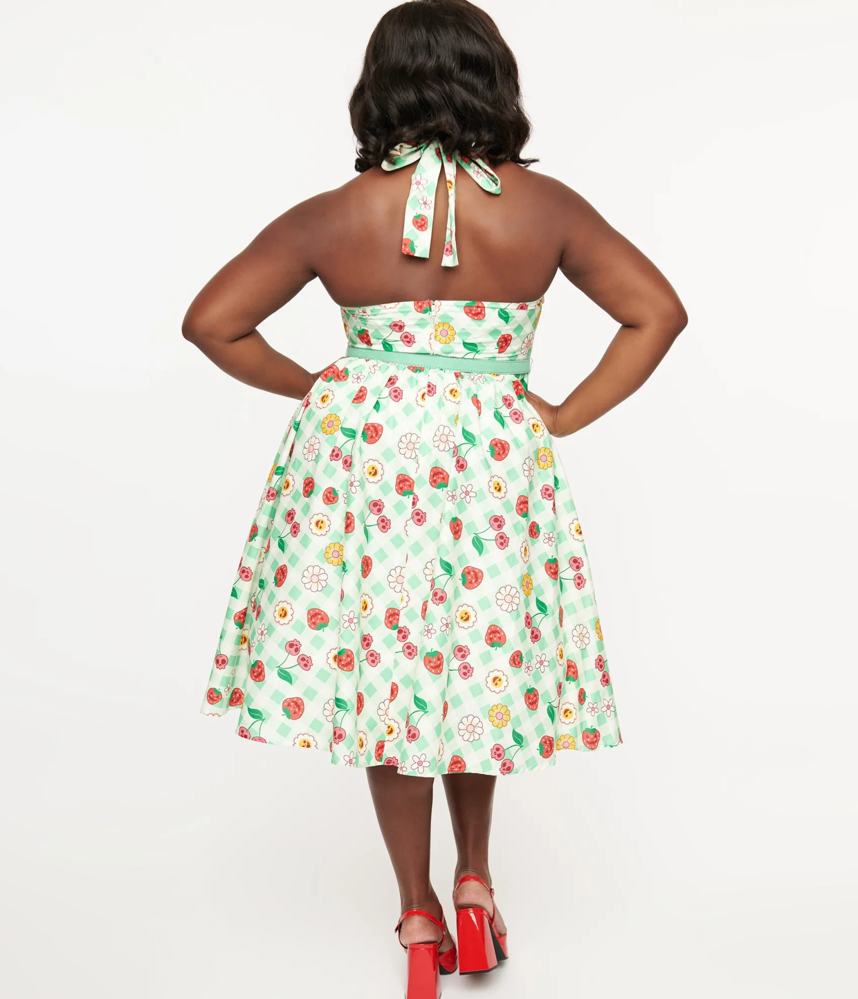 Unique Vintage Plus Size 1950s Green Gingham Spooky Fruit Print Halter Swing Dress