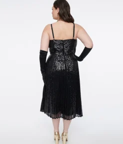 Unique Vintage Plus Size 1950s Black Pleated Sequin Swing Dress