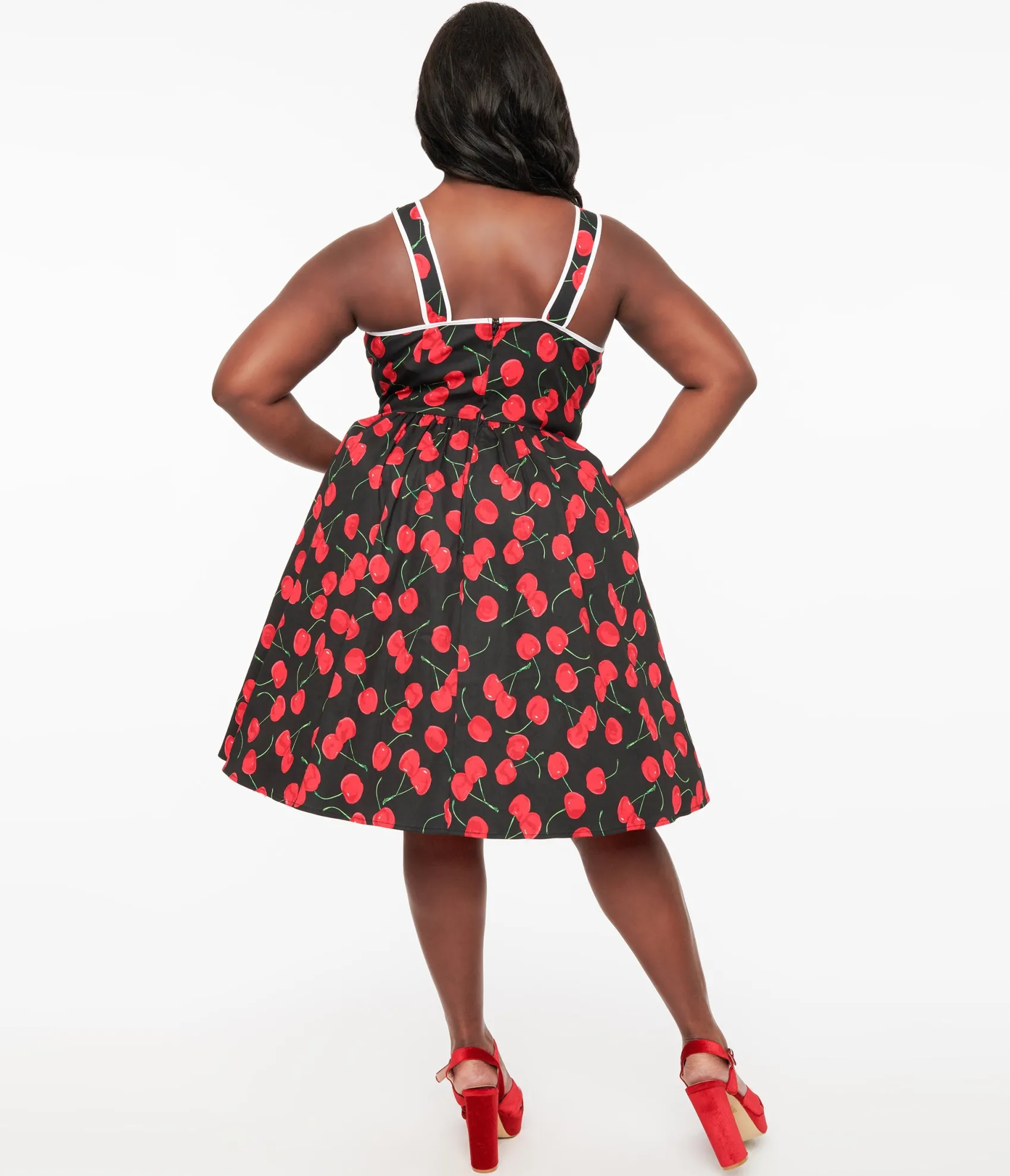 Unique Vintage Plus Size 1950s Black & Cherry Print Cotton Pinafore Swing Dress