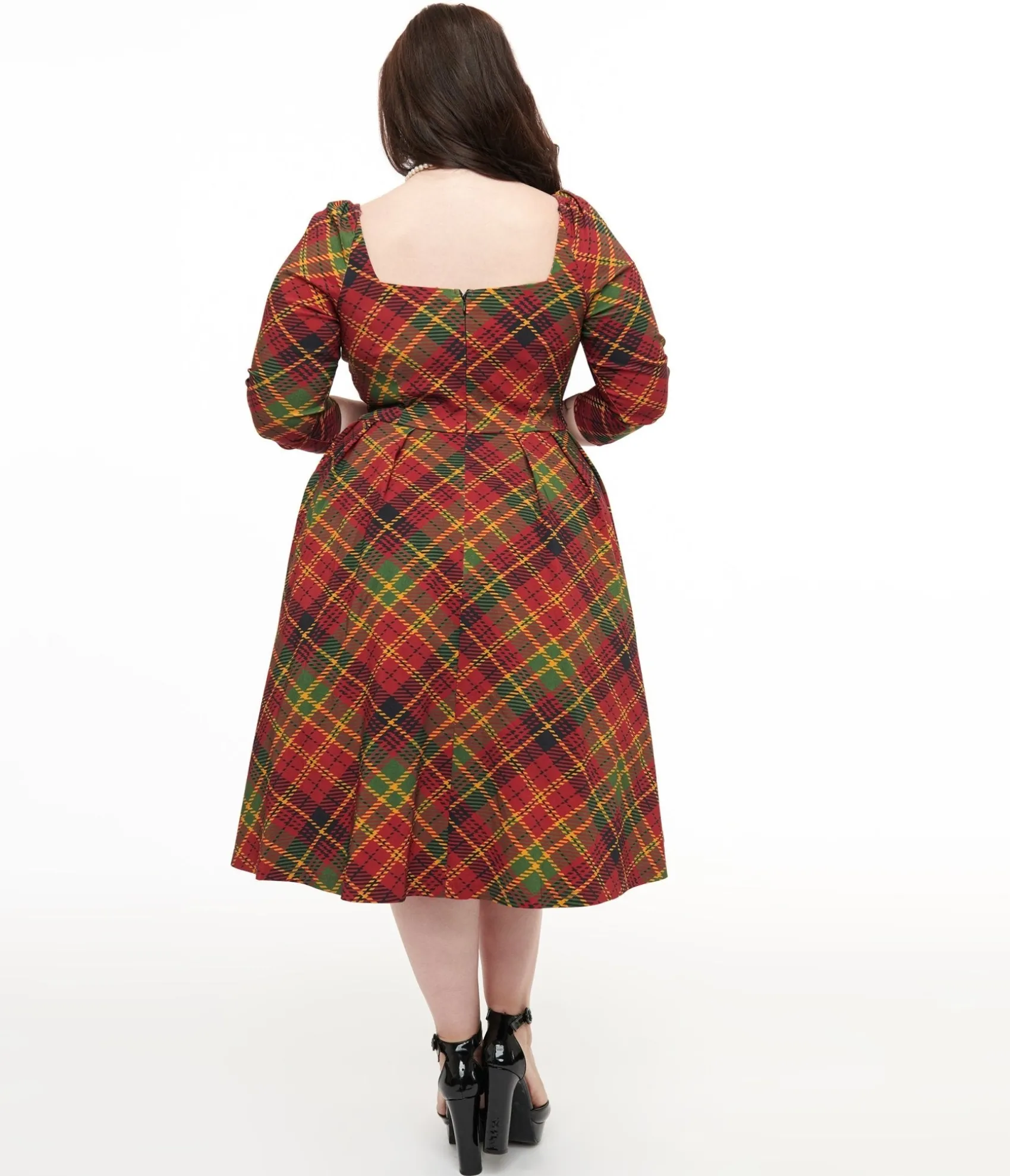 Unique Vintage Plus Size 1950s Burnt Orange & Green Plaid Lamar Swing Dress