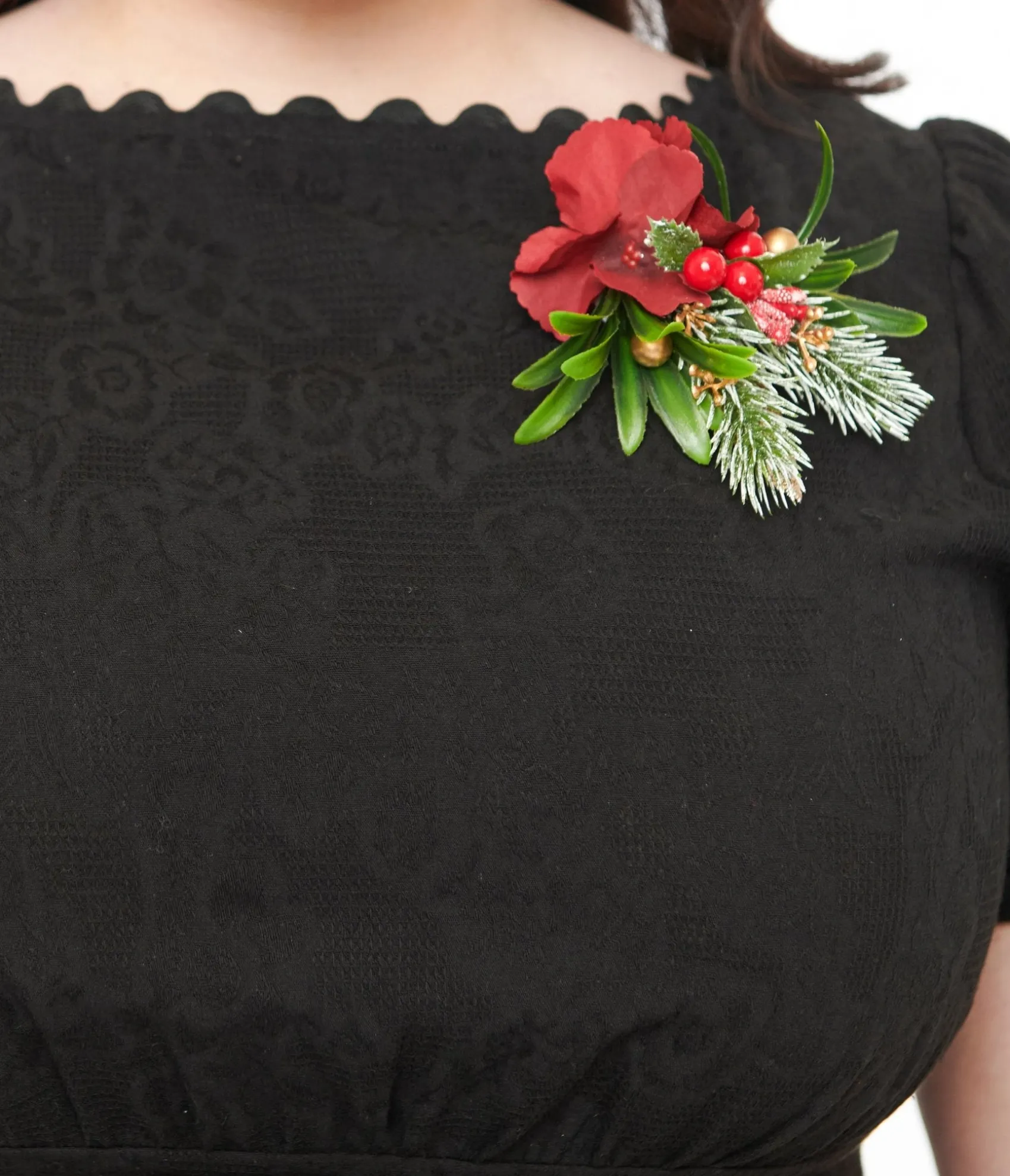 Unique Vintage Plus Size 1950s Black Holiday Floral Pin Cotton Swing Dress