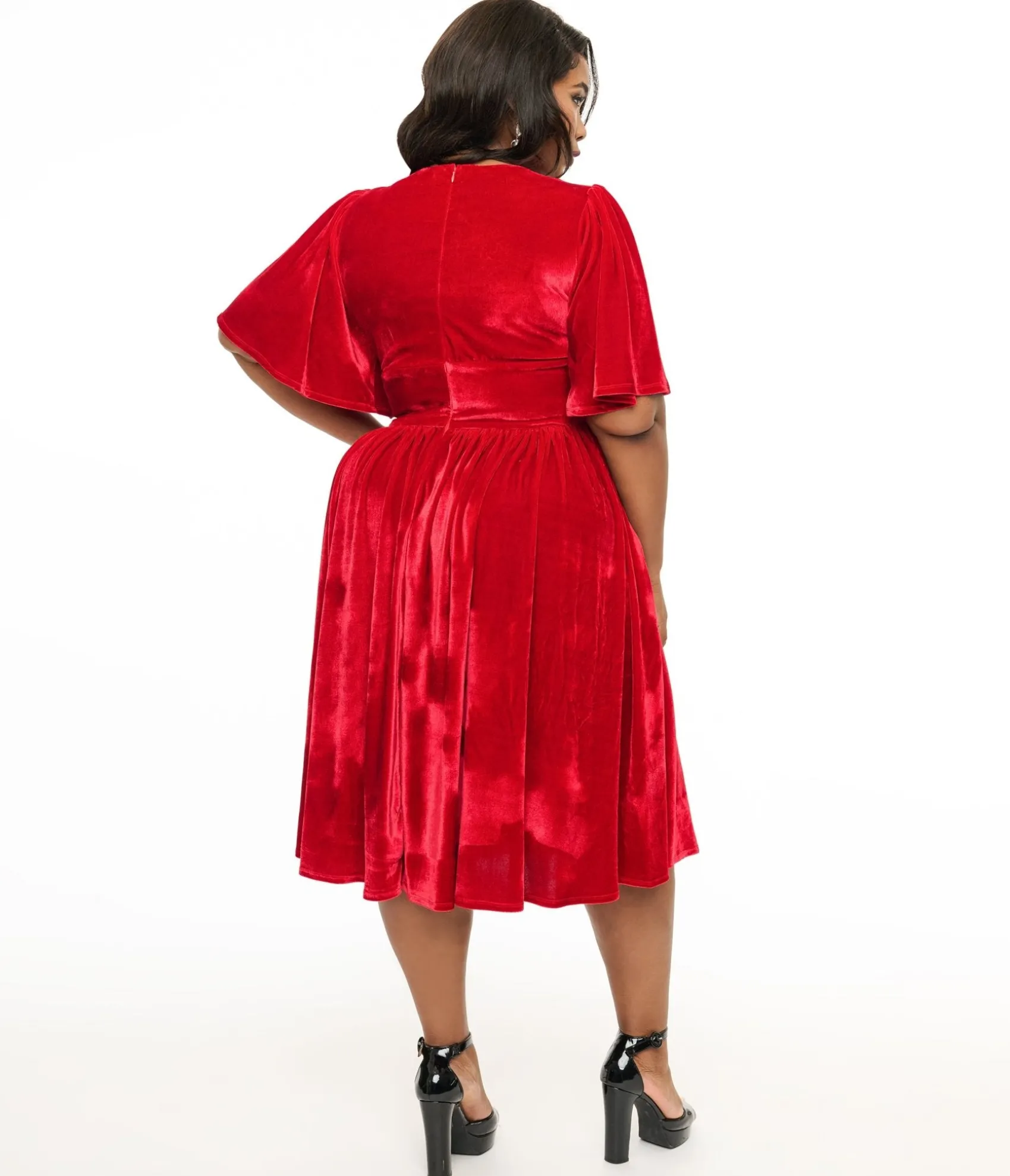 Unique Vintage Plus Size 1940s Red Velvet Flutter Sleeve Swing Dress