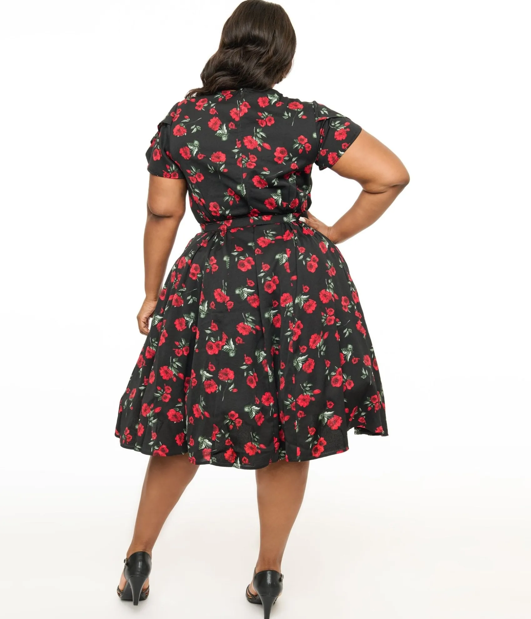 Unique Vintage Plus Size 1940s Black & Red Floral Print Tulip Sleeve Swing Dress