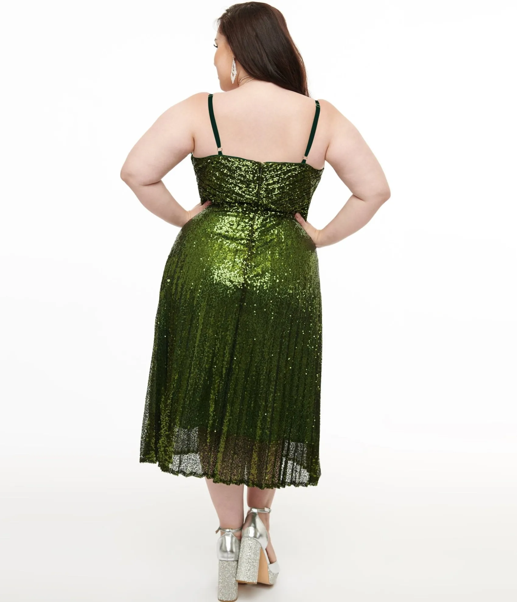 Unique Vintage Plus Size 1950s Emerald Pleated Sequin Swing Dress