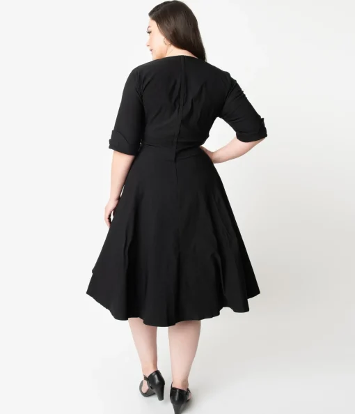 Unique Vintage Plus Size Black Delores Swing Dress with Sleeves
