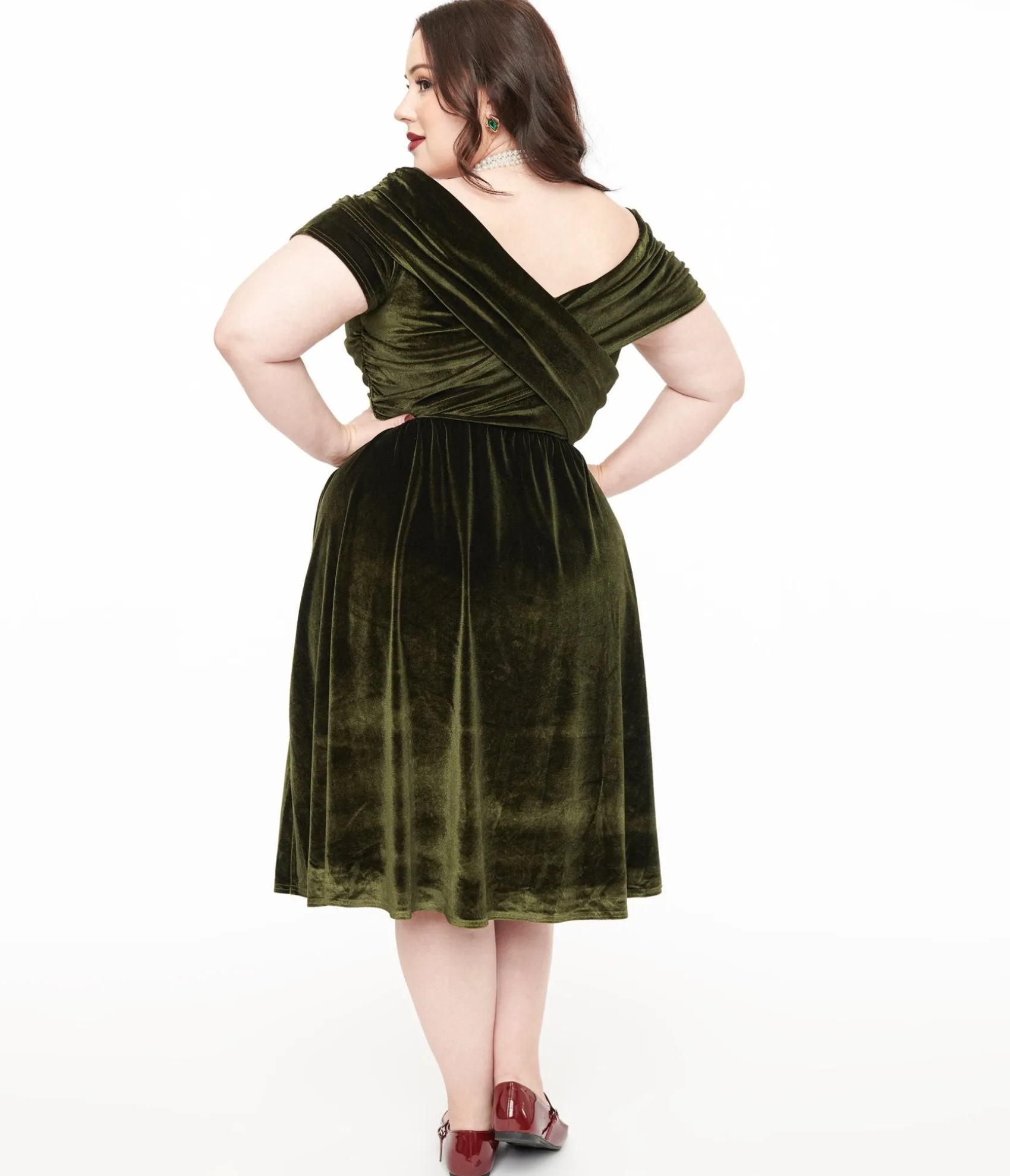 Unique Vintage Plus Size 1950s Olive Green Shirred Velvet Swing Dress