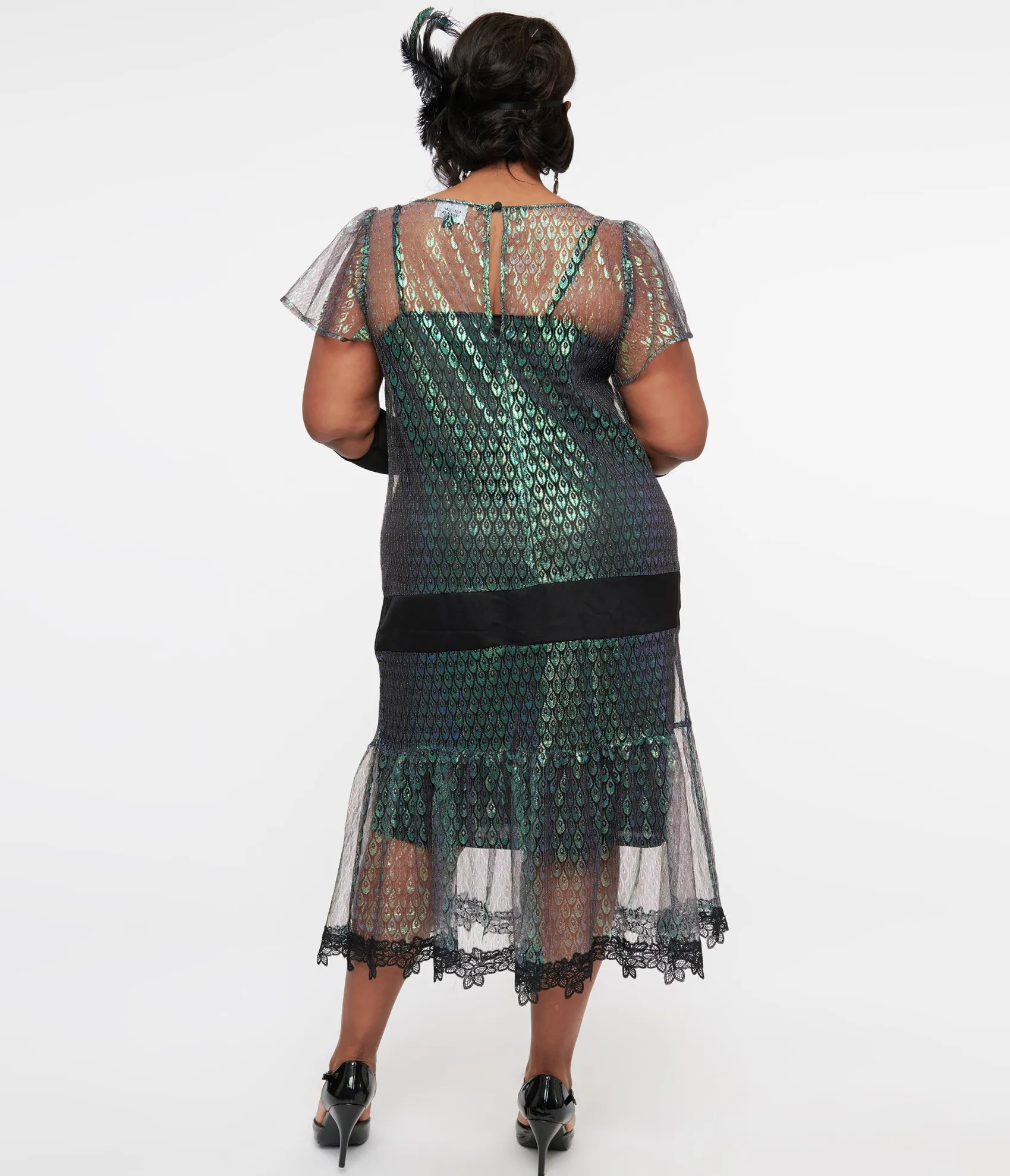 Unique Vintage Plus Size 1920s Iridescent Peacock & Black Bow Flapper Dress