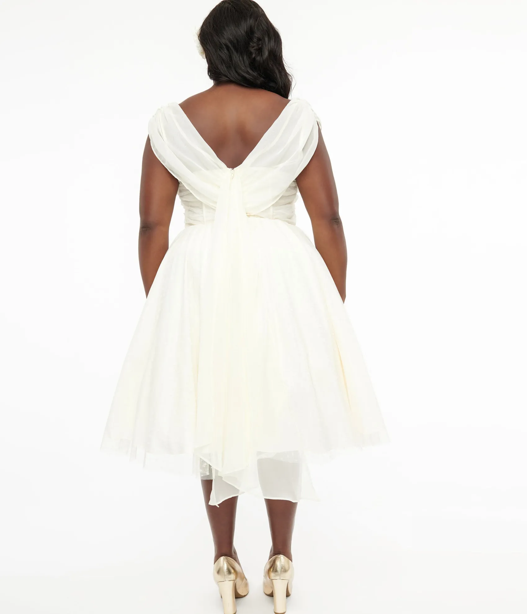 Unique Vintage Plus Size 1950s Ivory Clip Dot Off The Shoulder Cocktail Dress