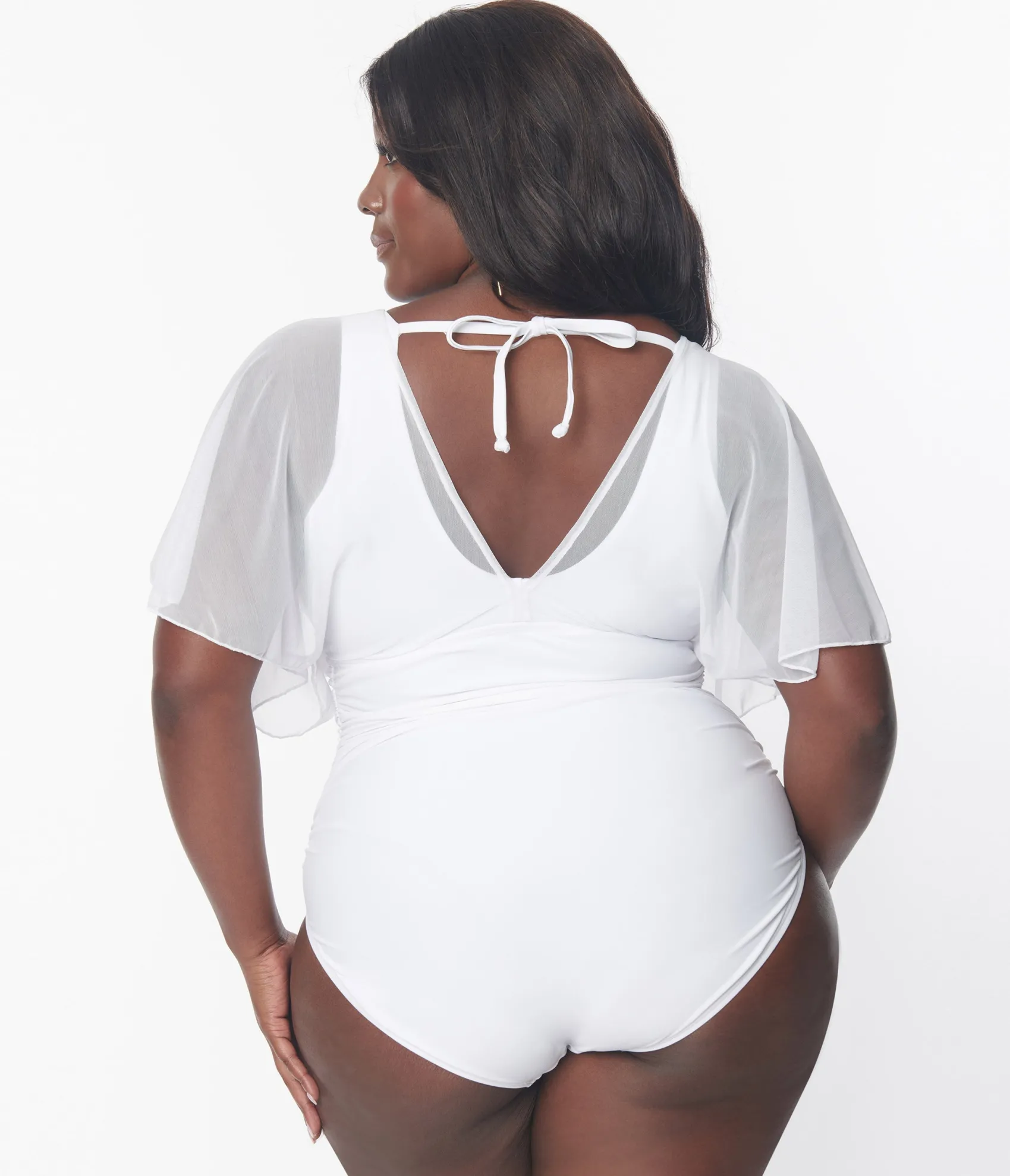Unique Vintage Plus Size White Mesh Sleeved Torrey Swimsuit