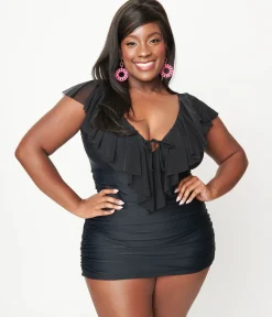 Unique Vintage Plus Size Black Ruffle Sheath Swimsuit