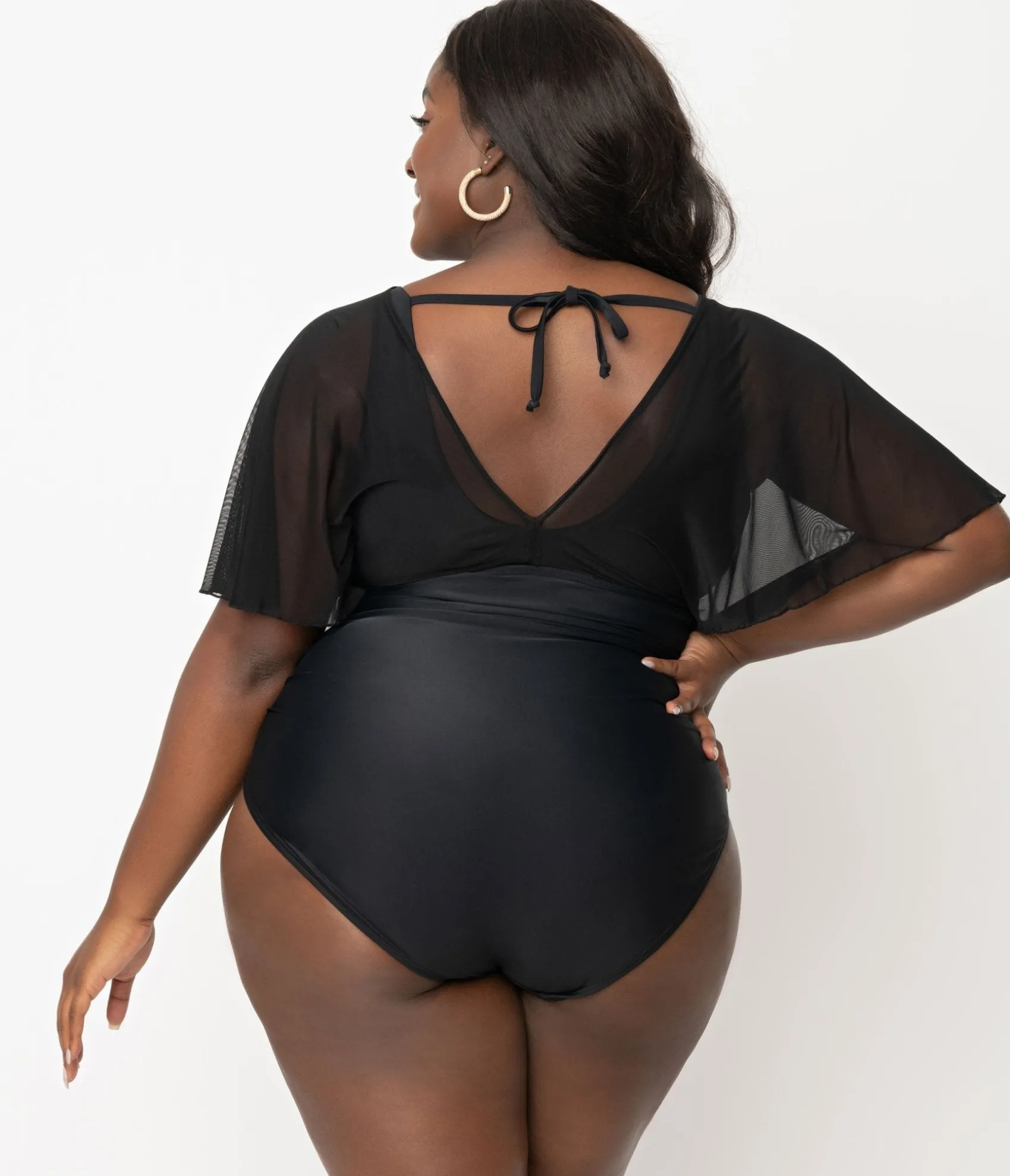 Unique Vintage Plus Size Black Mesh Sleeved Torrey Swimsuit