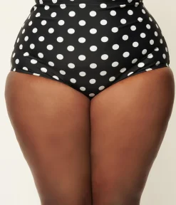 Unique Vintage Plus Size Black & White Polka Dot High Waist Louise Swim Bottoms