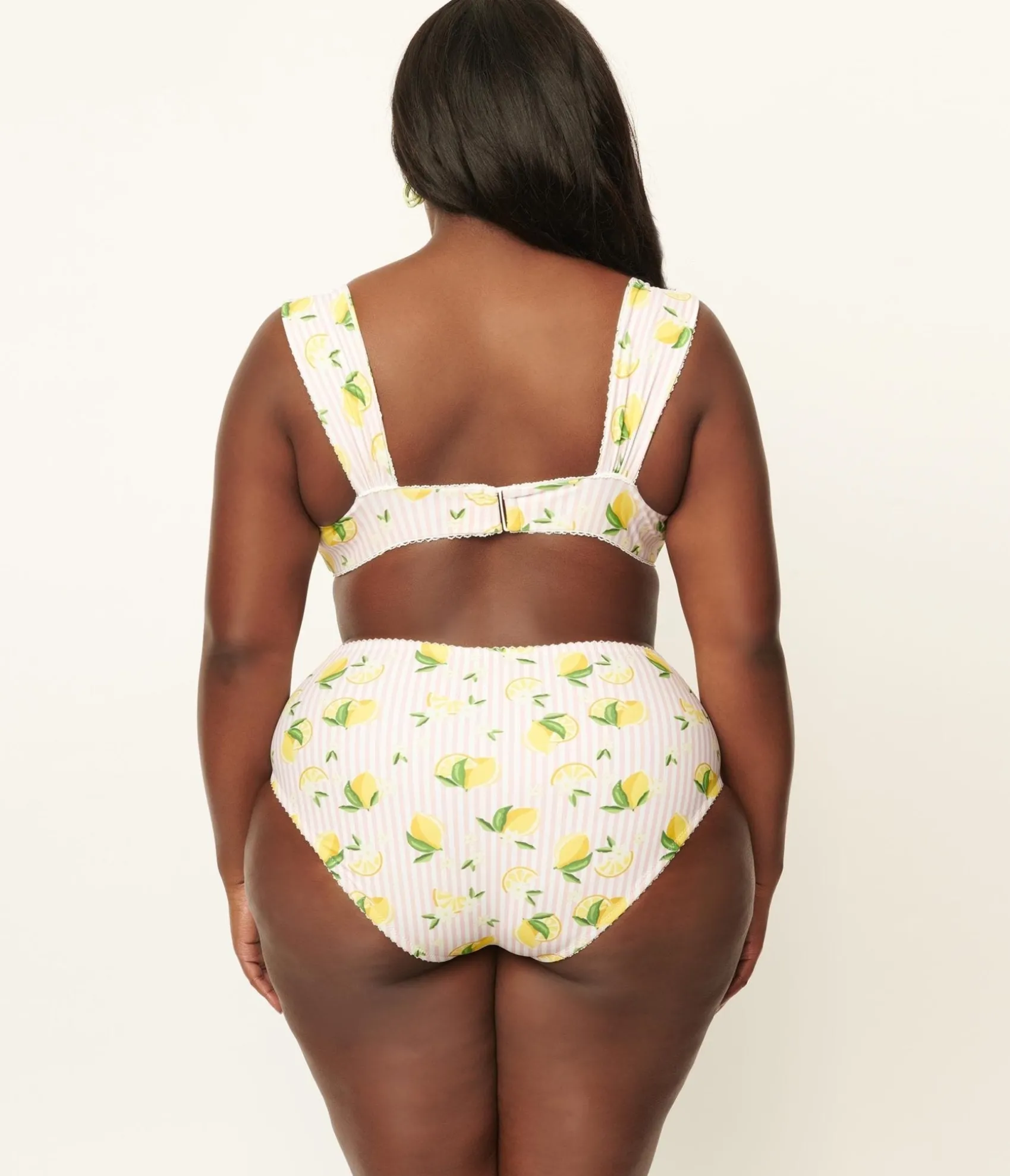 Unique Vintage Plus Size Light Pink Stripes & Lemons Ruched & Ready Swim Top