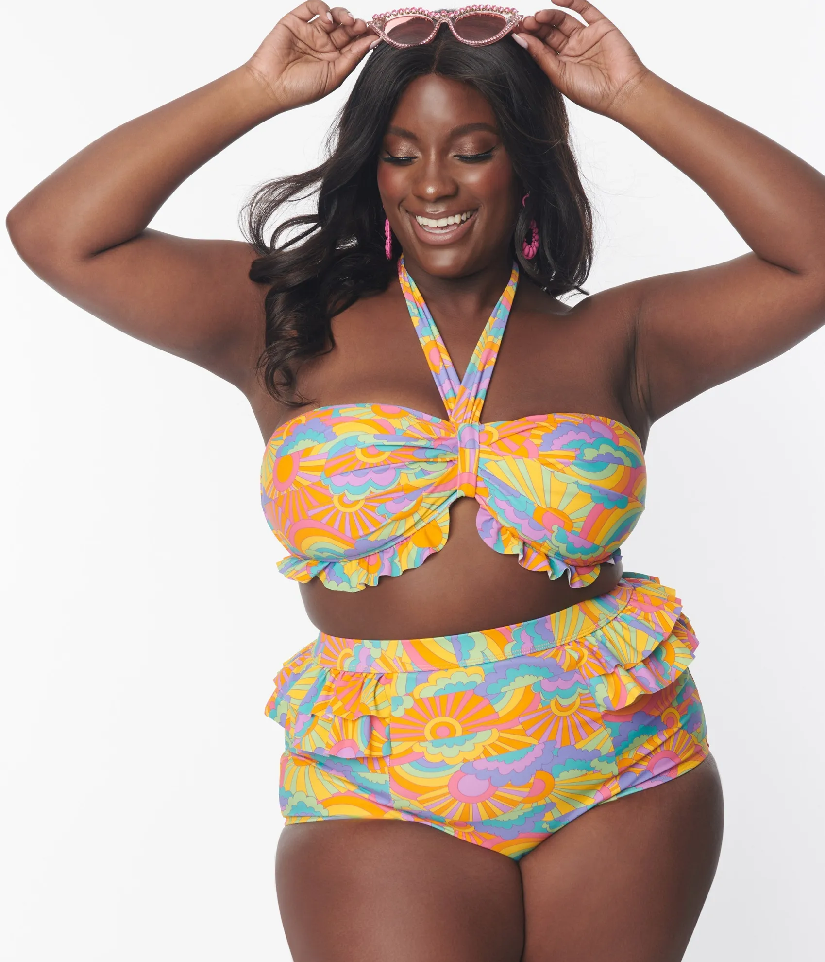 Unique Vintage Plus Size Happy Groovy Rainbow Twist Front Halter Swim Top