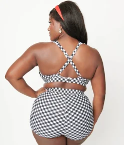 Unique Vintage Plus Size Black & White Gingham High Waist Skort Swim Bottom