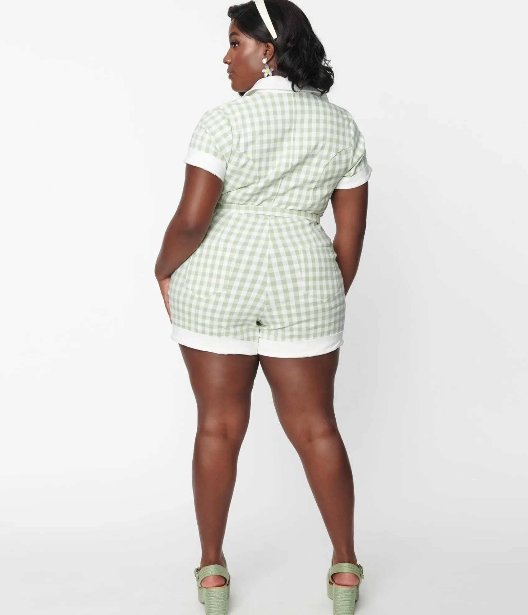 Unique Vintage Plus Size Sage & White Gingham Patsy Romper