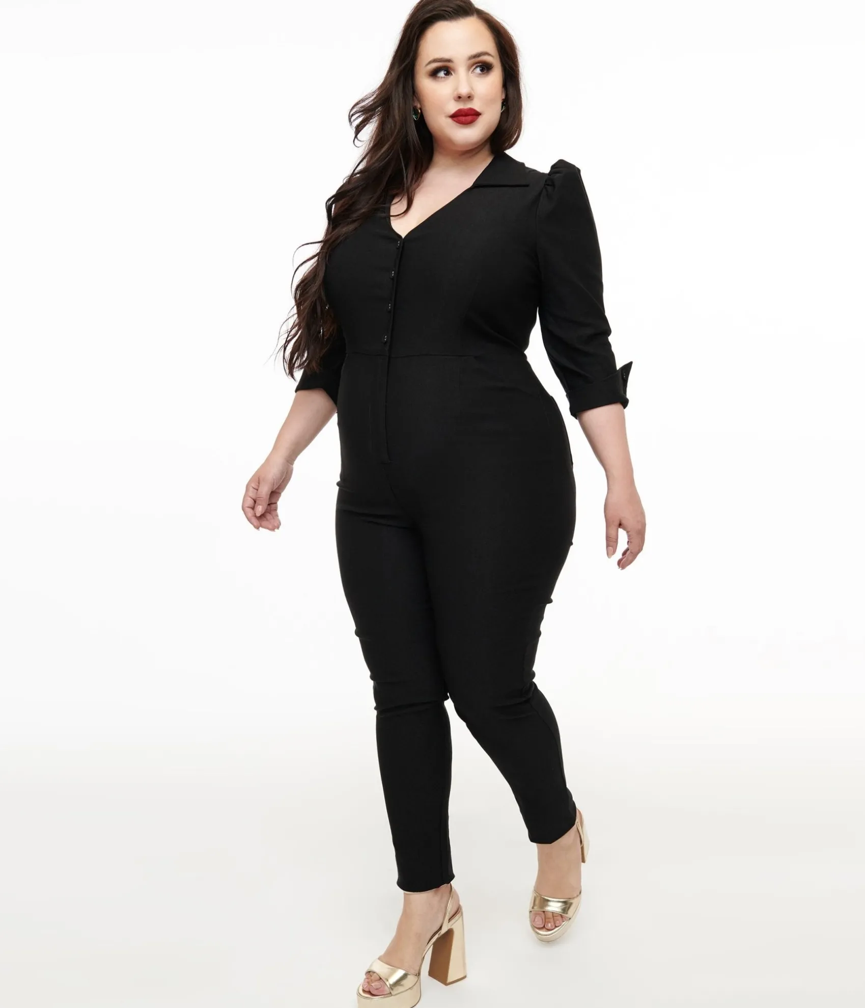 Unique Vintage Plus Size 1950s Black Puff Sleeve Jumpsuit