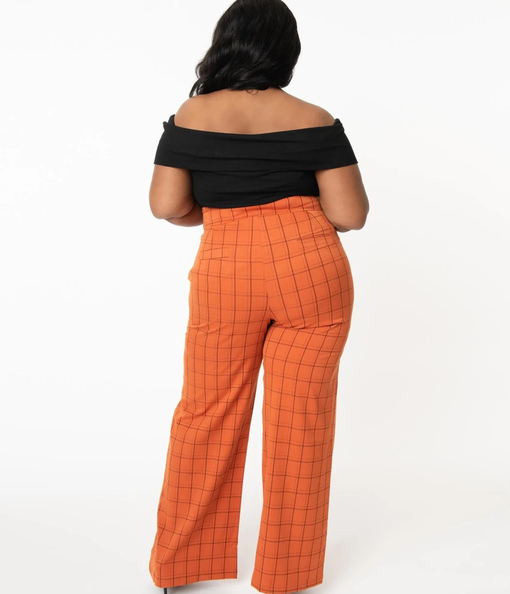 Unique Vintage Plus Size 1940s Orange Windowpane High Waist Ginger Pants