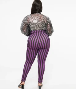 Unique Vintage Plus Size 1960s Black & Purple Stripe High Waist Cigarette Pants